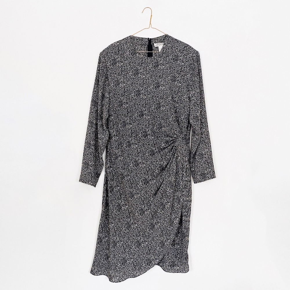 80s VTG glam confetti print dress - long sleeve black white faux wrap